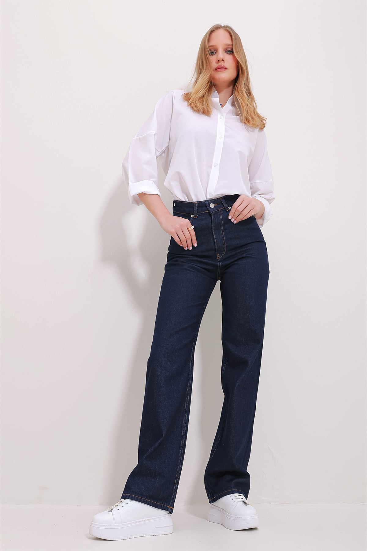 Yüksek Bel 5 Cepli Wide Leg Palazzo Pantolon - Koyu Lacivert