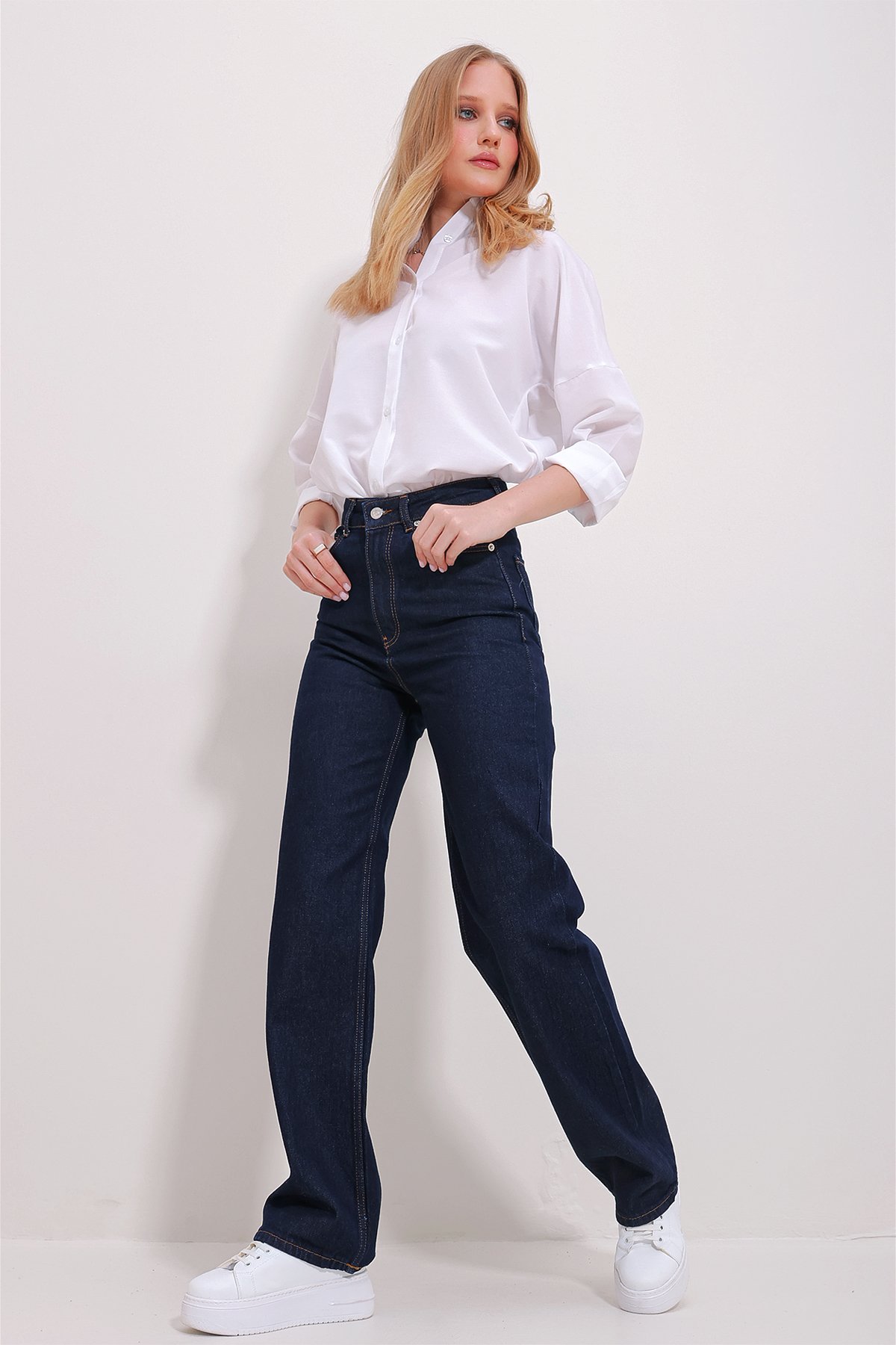 Yüksek Bel 5 Cepli Wide Leg Palazzo Pantolon - Koyu Lacivert