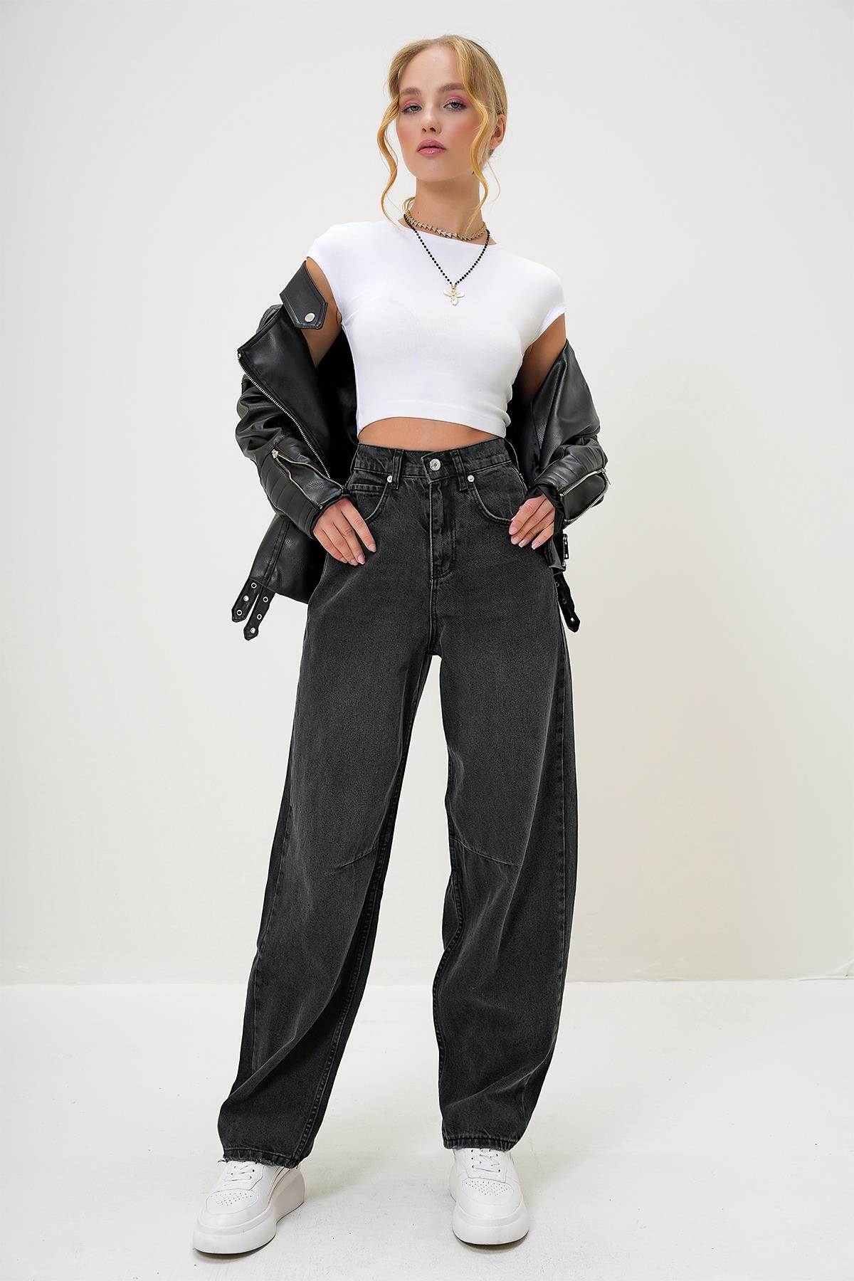 Yüksek Bel Baggy Balloon Jean - Siyah