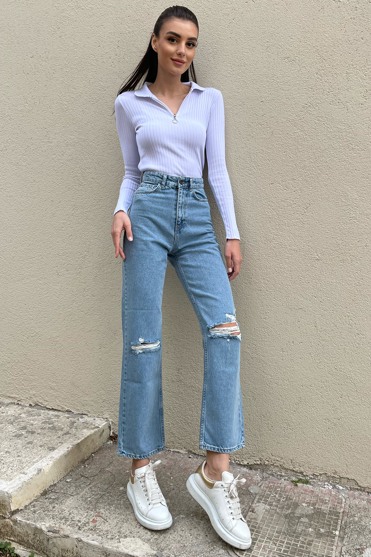 Yüksek Bel Beş Cepli Dizleri Yırtık Detaylı Wide Leg Jean Pantolon - Mavi