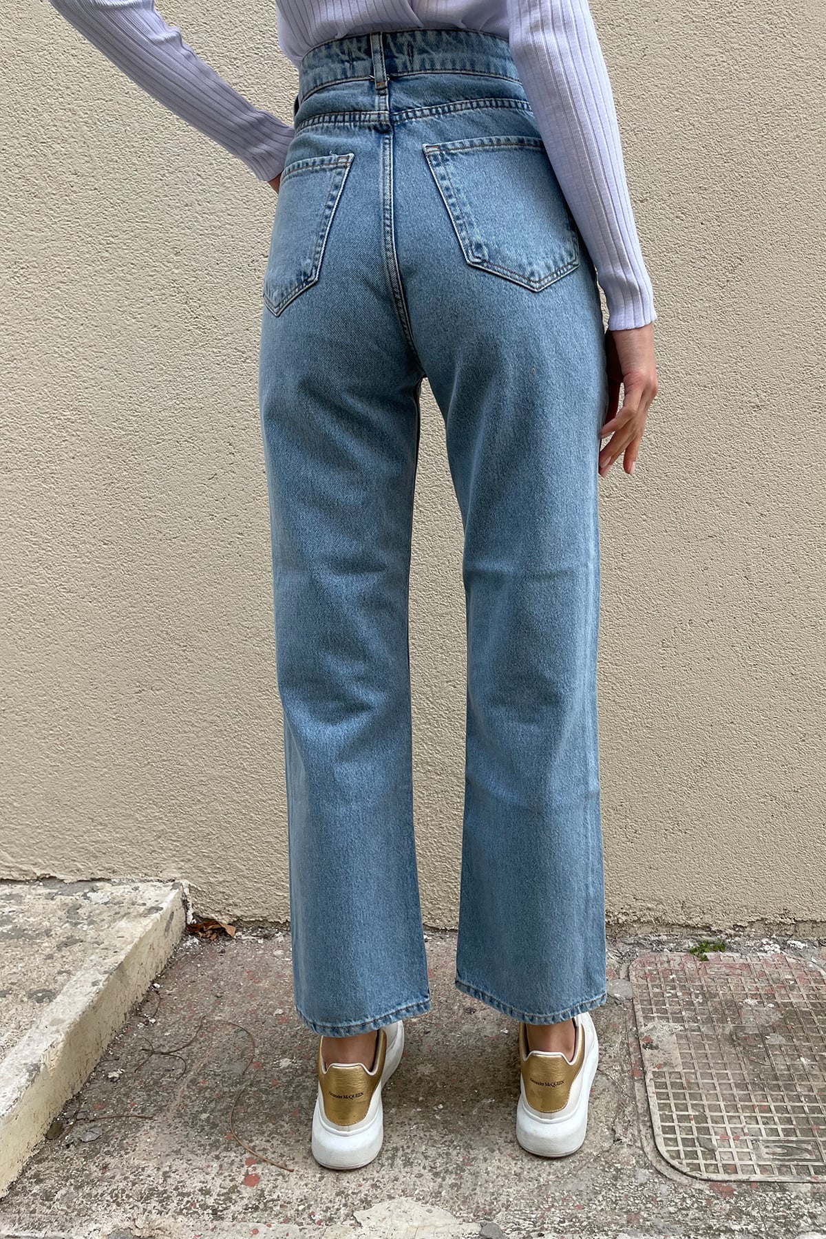 Yüksek Bel Beş Cepli Dizleri Yırtık Detaylı Wide Leg Jean Pantolon - Mavi