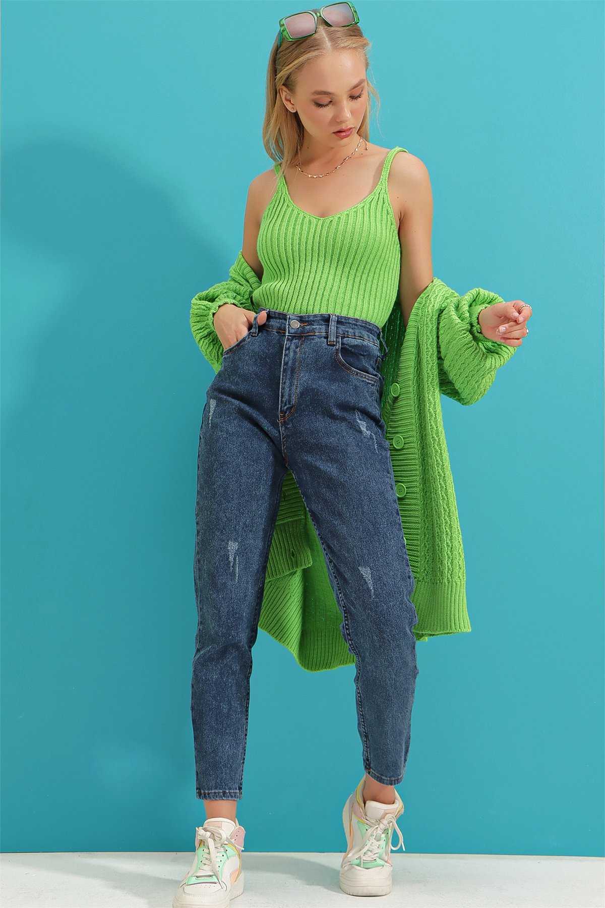 Yüksek Bel Beş Cepli Likralı Mom Jeans - Koyu Mavi