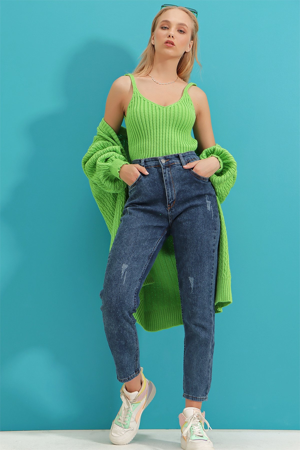 Yüksek Bel Beş Cepli Likralı Mom Jeans - Koyu Mavi