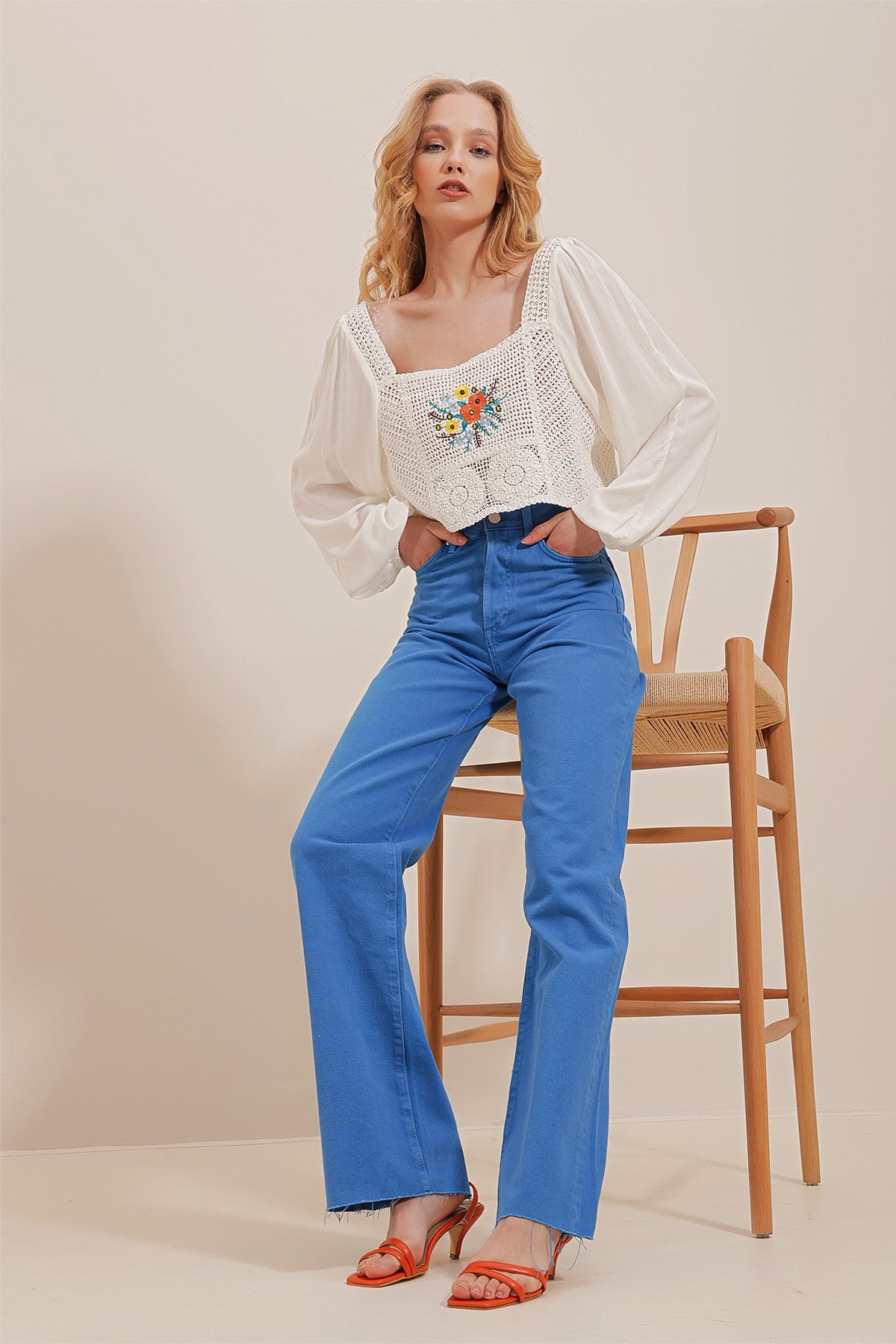 Yüksek Bel Beş Cepli Wide Leg Jean Pantolon - MAVİ