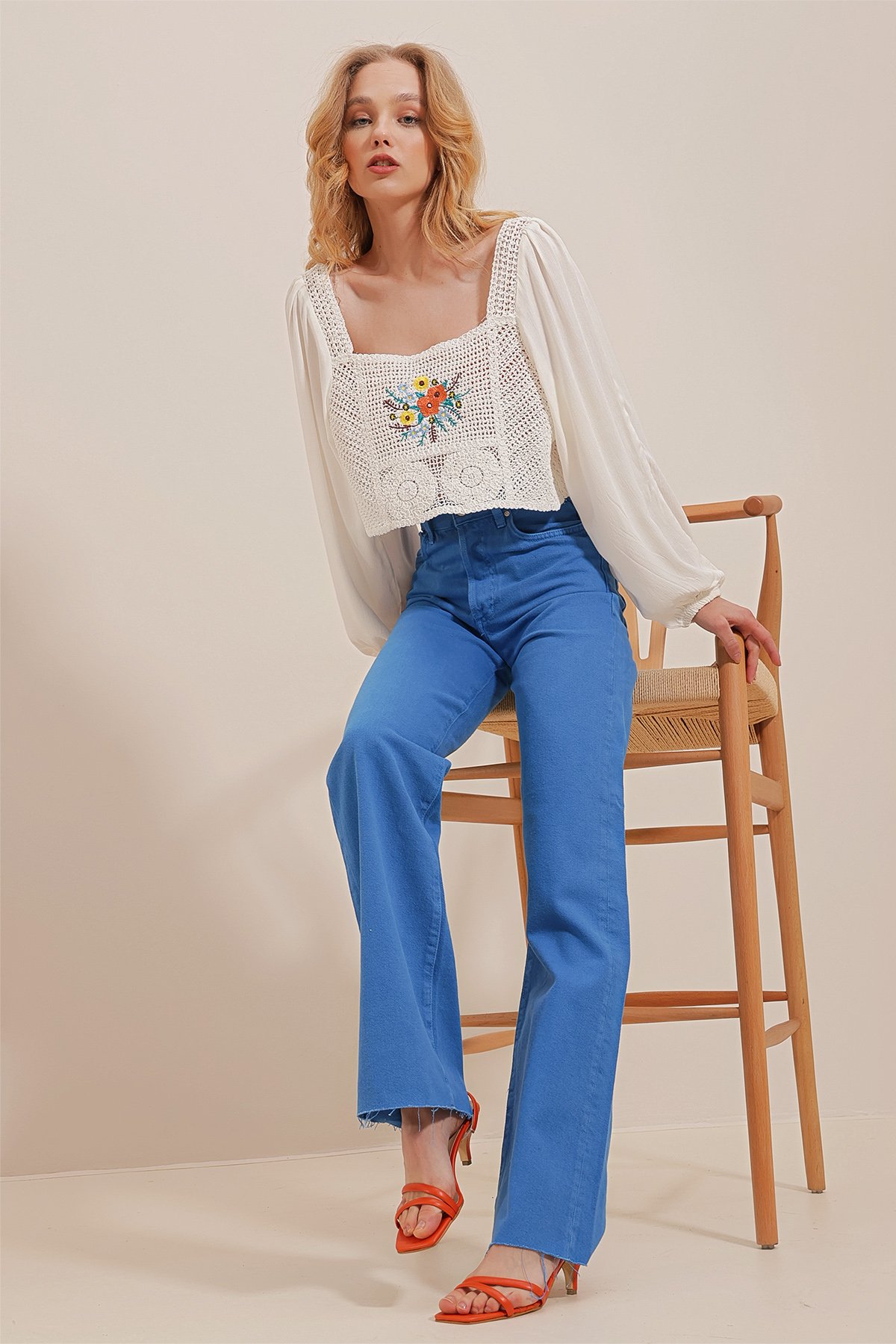 Yüksek Bel Beş Cepli Wide Leg Jean Pantolon - MAVİ
