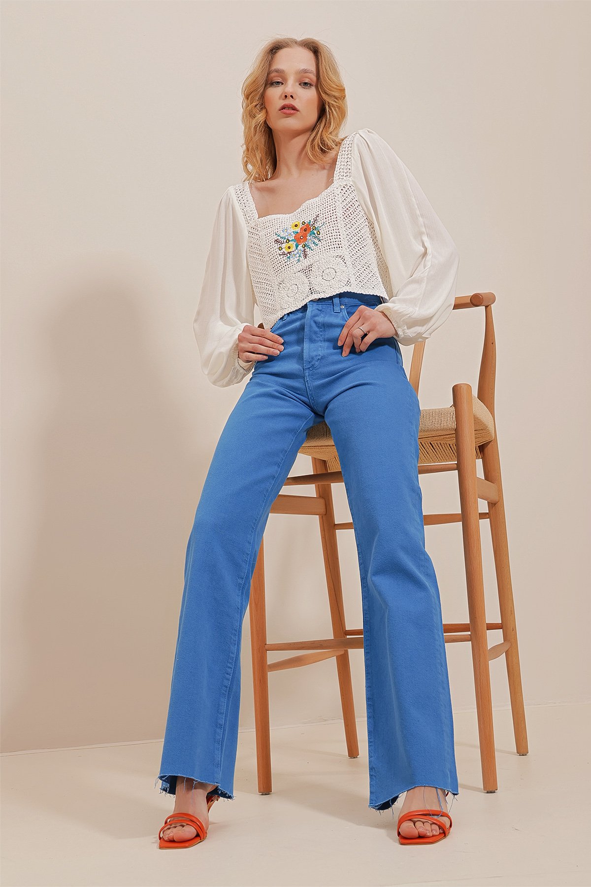 Yüksek Bel Beş Cepli Wide Leg Jean Pantolon - MAVİ