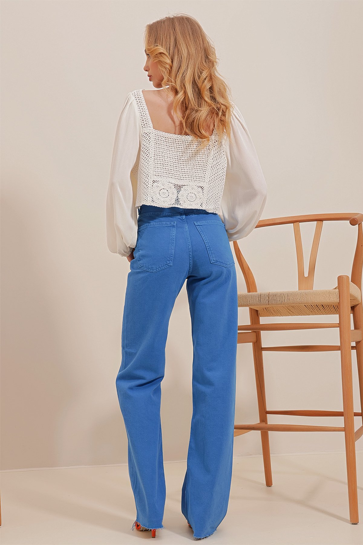 Yüksek Bel Beş Cepli Wide Leg Jean Pantolon - MAVİ
