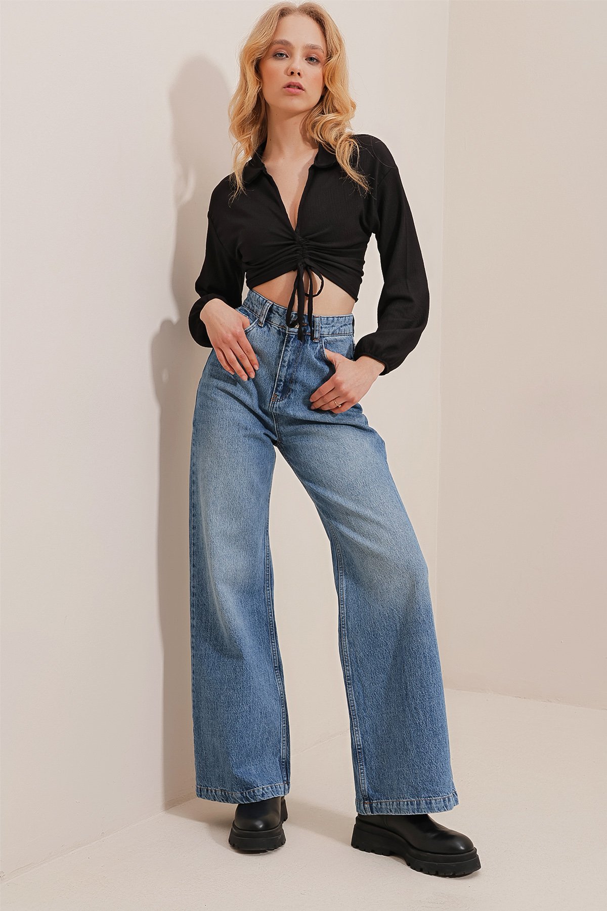 Yüksek Bel Beş Cepli Wide Leg Pantolon - Mavi