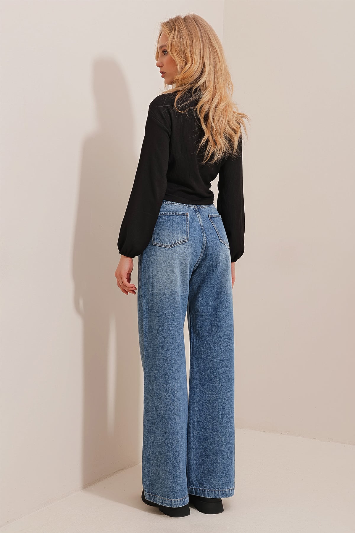 Yüksek Bel Beş Cepli Wide Leg Pantolon - Mavi