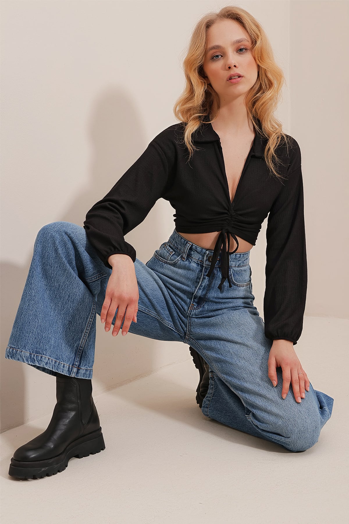 Yüksek Bel Beş Cepli Wide Leg Pantolon - Mavi
