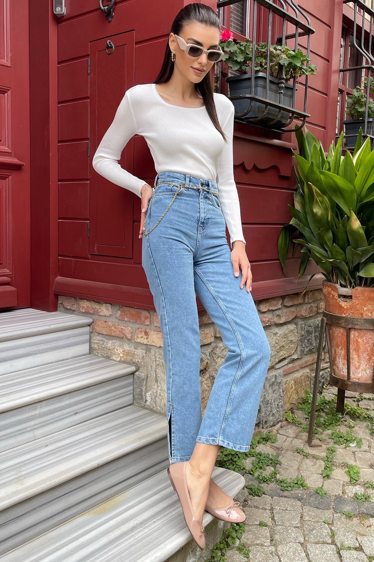 Yüksek Bel Beş Cepli Yanları Yırtmaçlı Wide Leg Jean Pantolon - Mavi