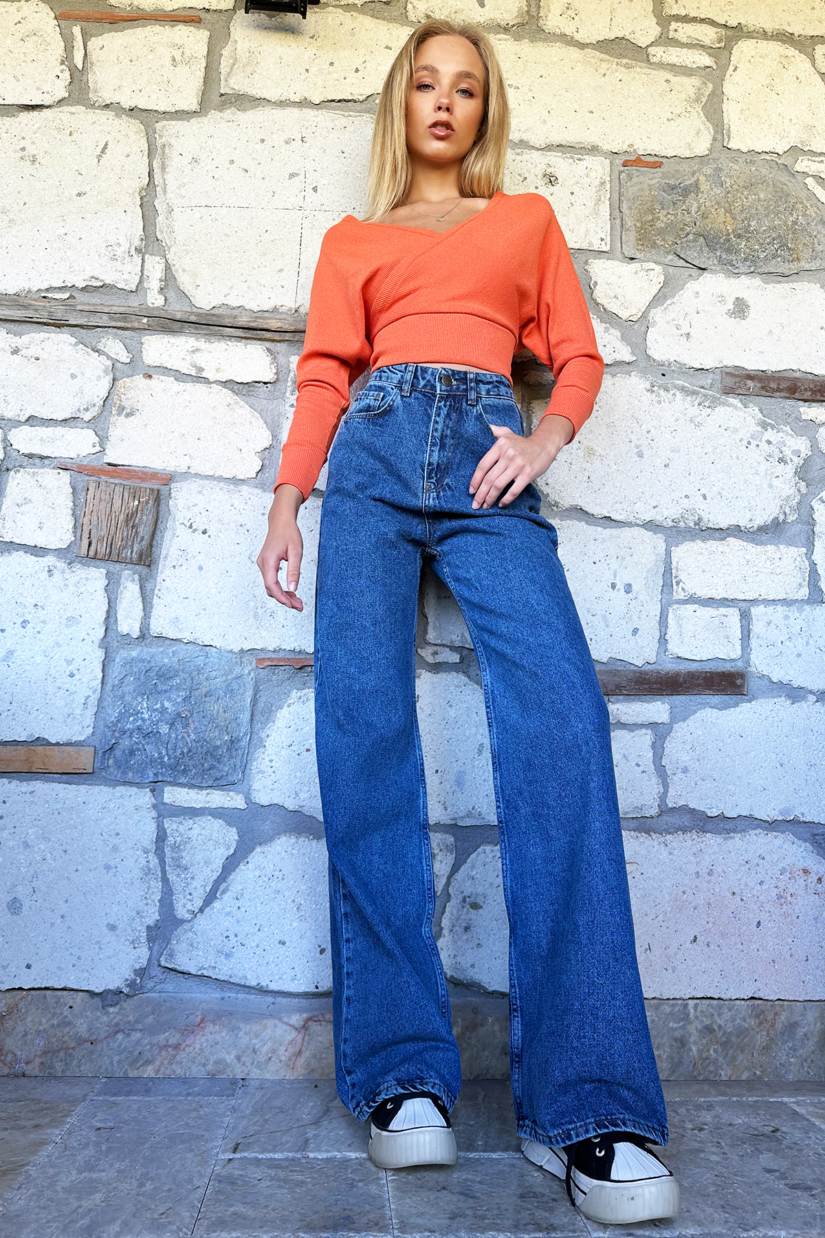 Yüksek Bel Bol Kesim Denim Jean - Mavi
