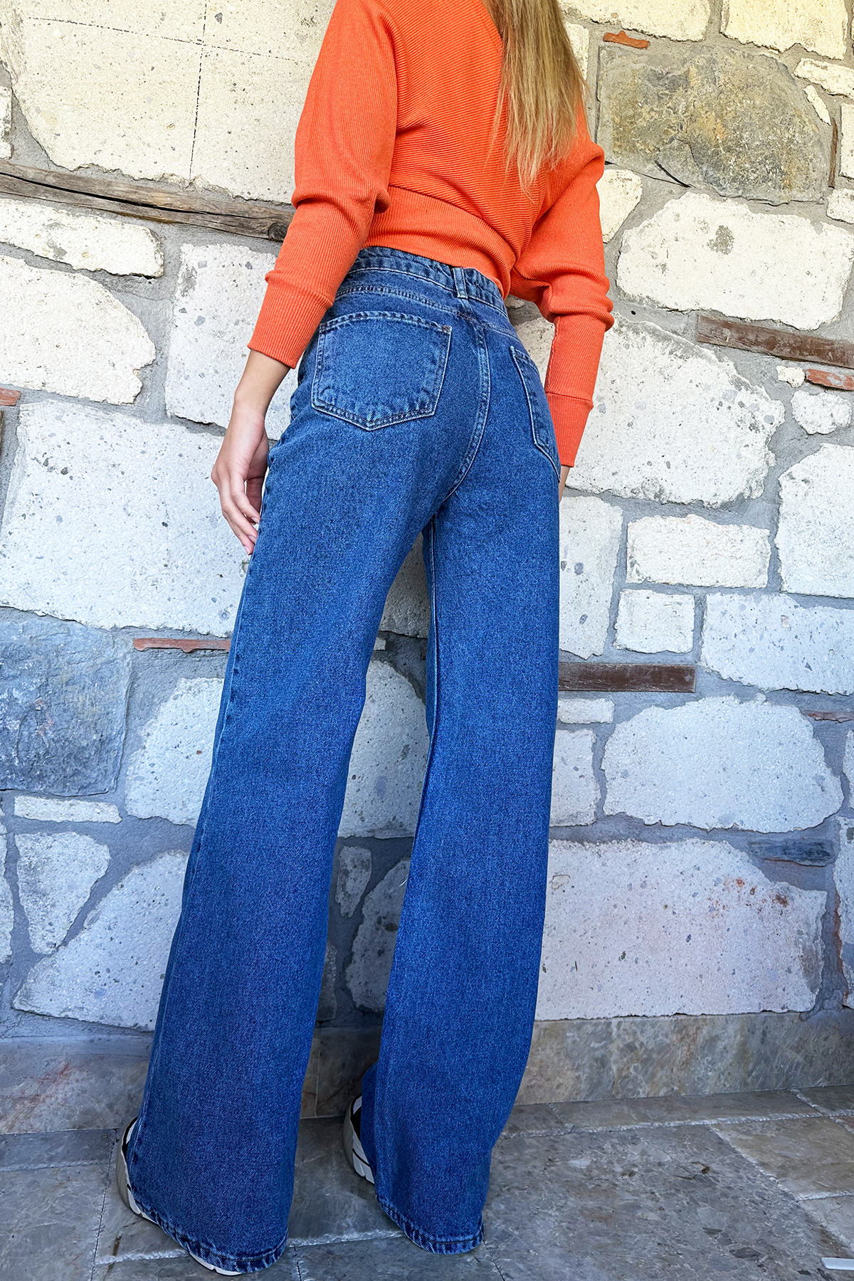 Yüksek Bel Bol Kesim Denim Jean - Mavi