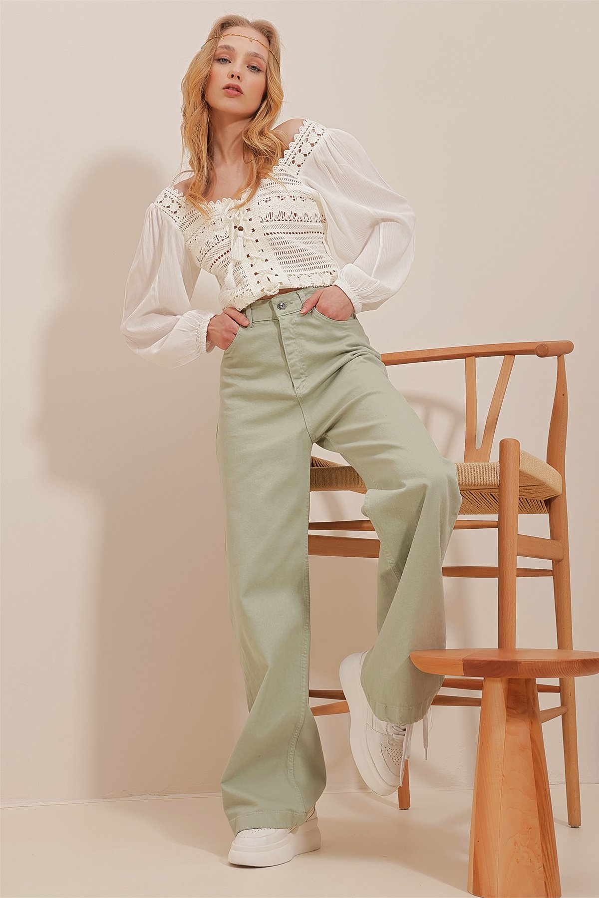 Yüksek Bel Bol Kesim Denim Pantolon - Çağla Yeşili