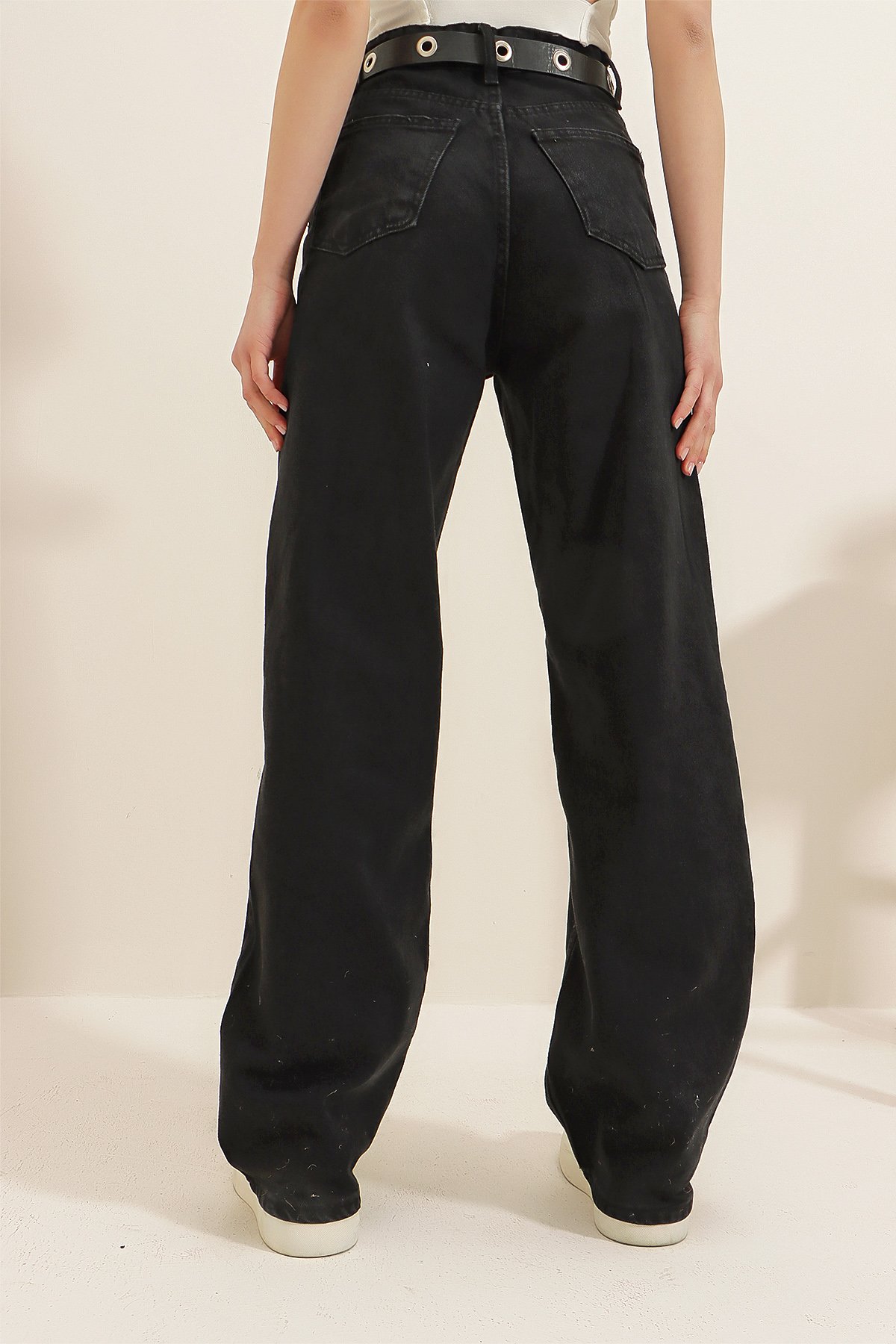 Yüksek Bel Bol Kesim Denim Pantolon - Siyah