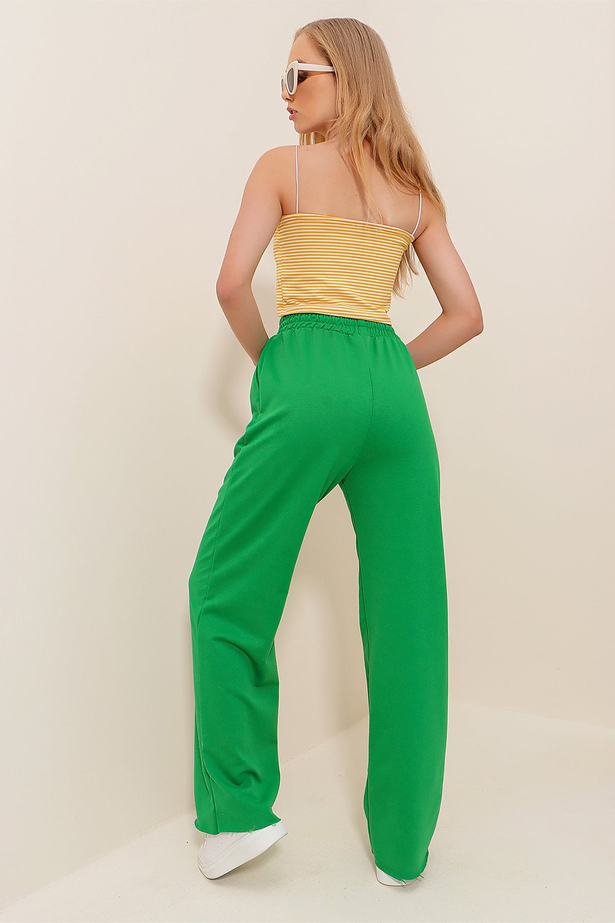 Yüksek Bel Çift Cepli Dijital Baskılı Lazer Kesim Wide Leg Pantolon - Yeşil