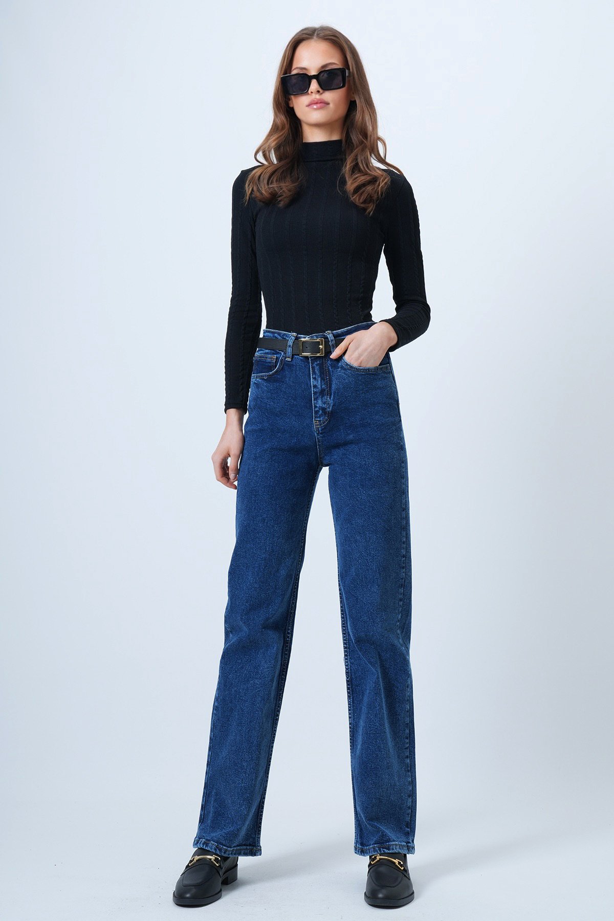 Yüksek Bel Düz Paça 5 Cepli Denim Pantolon - MAVİ