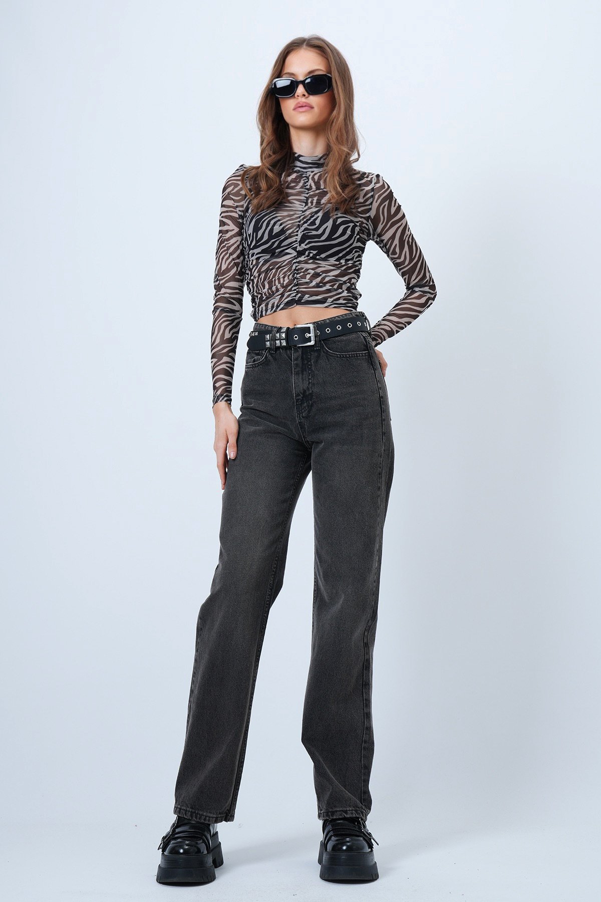 Yüksek Bel Düz Paça 5 Cepli Denim Pantolon - ANTRASİT