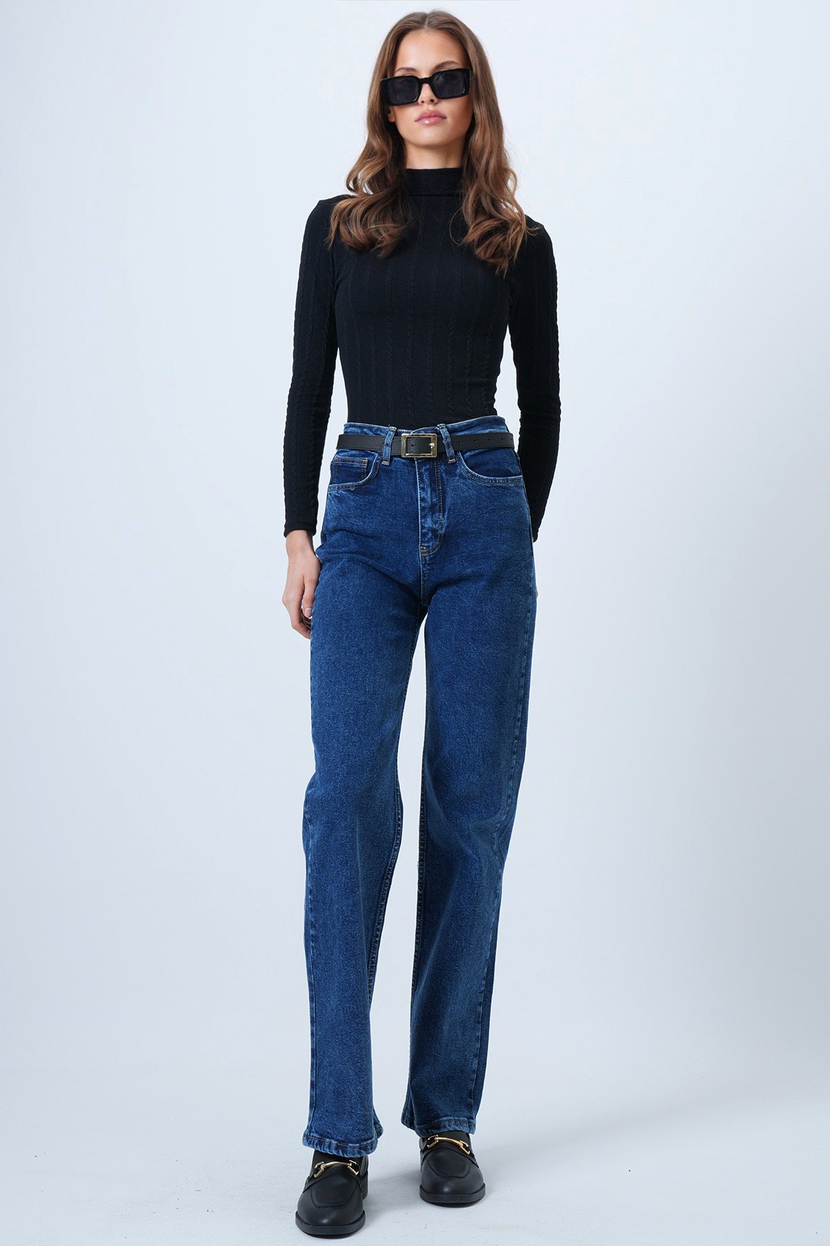 Yüksek Bel Düz Paça 5 Cepli Denim Pantolon - MAVİ