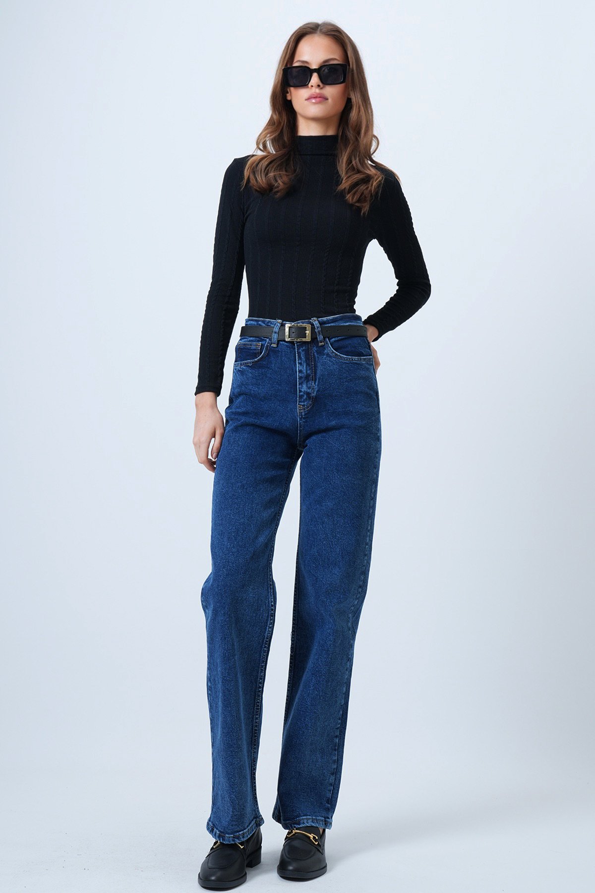 Yüksek Bel Düz Paça 5 Cepli Denim Pantolon - MAVİ