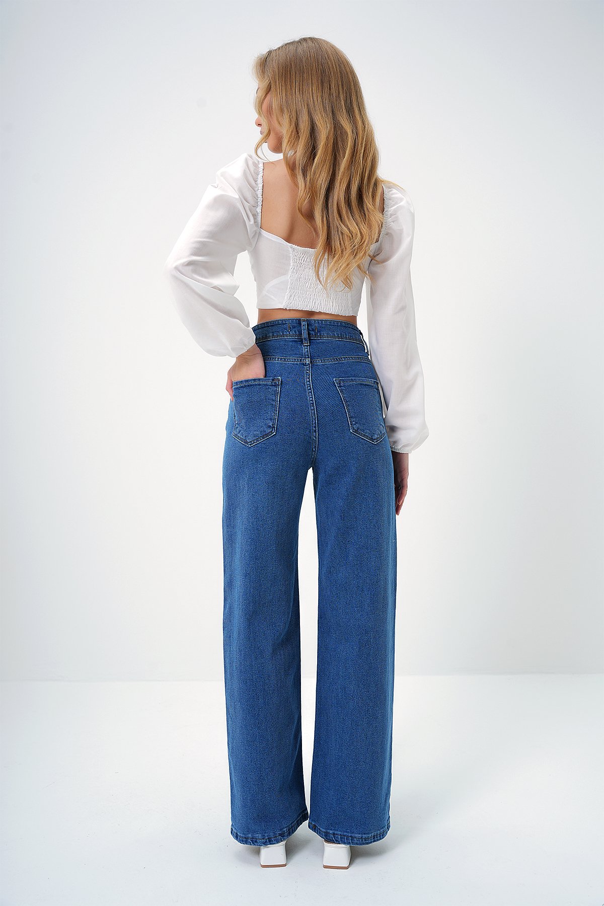 YÜKSEK BEL GENİŞ PAÇA PALAZZO JEAN PANTOLON - MAVİ