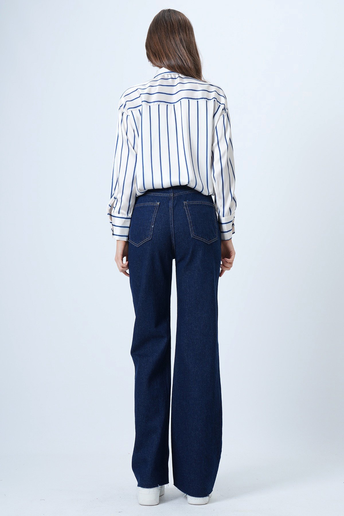 Yüksek Bel Geniş Püskül Paça 5 Cepli Denim Pantolon - KOYU LACİVERT