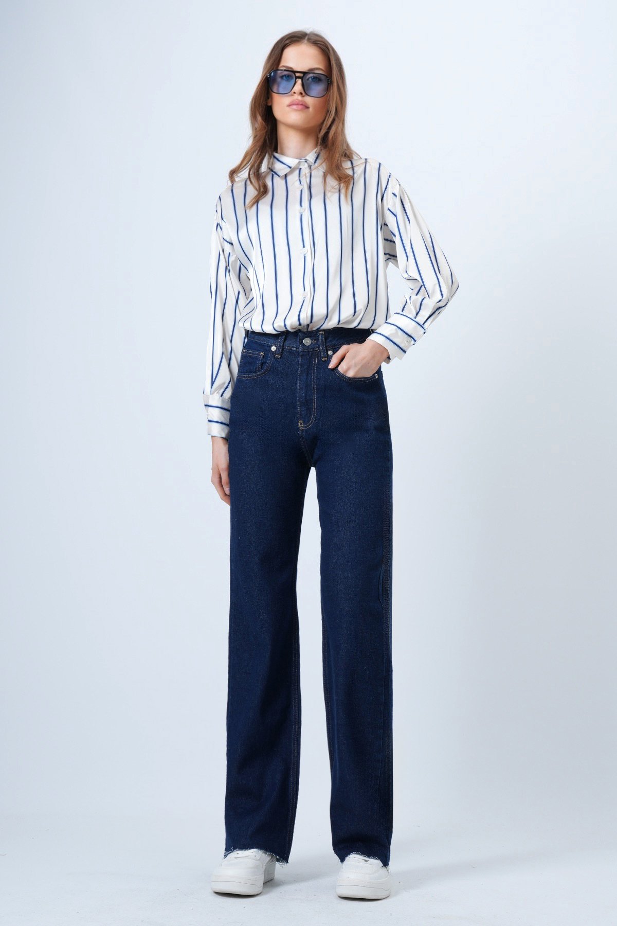 Yüksek Bel Geniş Püskül Paça 5 Cepli Denim Pantolon - KOYU LACİVERT