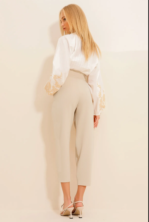 Yüksek Bel Havuç Pantolon - Bej