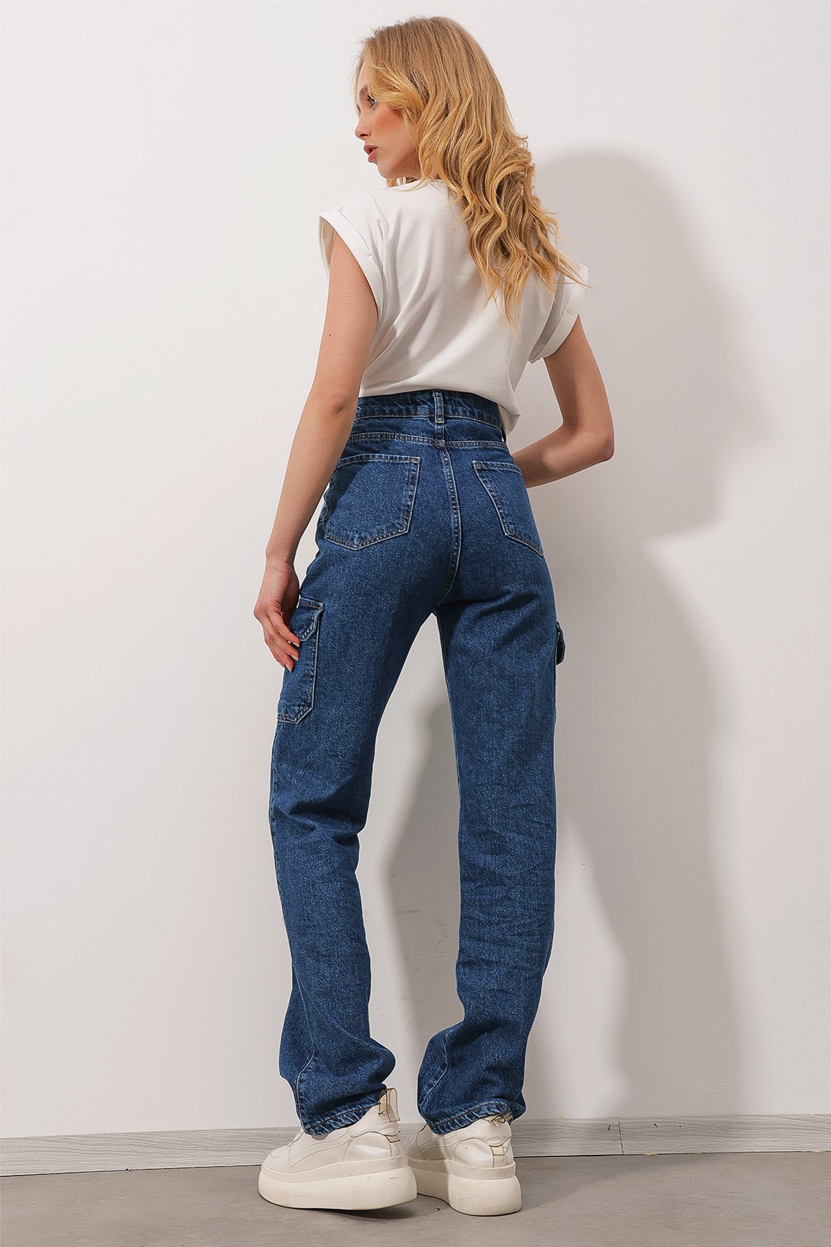 Yüksek Bel Kargo Cepli Wide Leg Jean Pantolon - Koyu Mavi