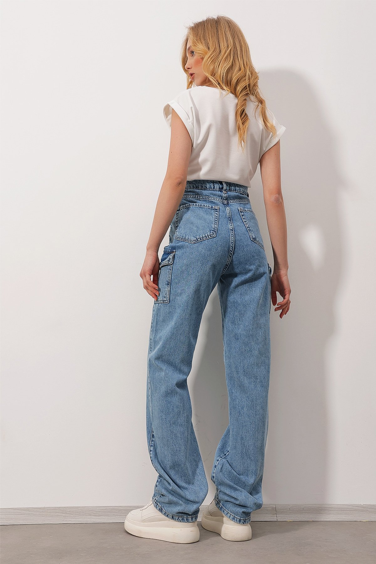 Yüksek Bel Kargo Cepli Wide Leg Jean Pantolon - Açık Mavi