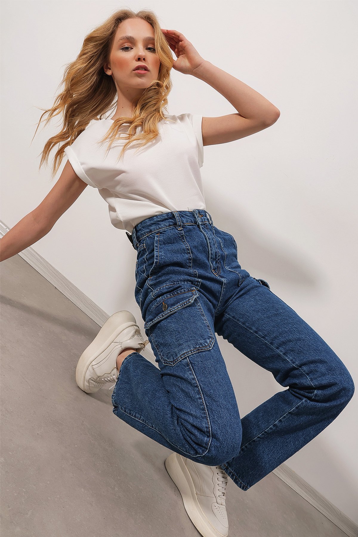 Yüksek Bel Kargo Cepli Wide Leg Jean Pantolon - Koyu Mavi