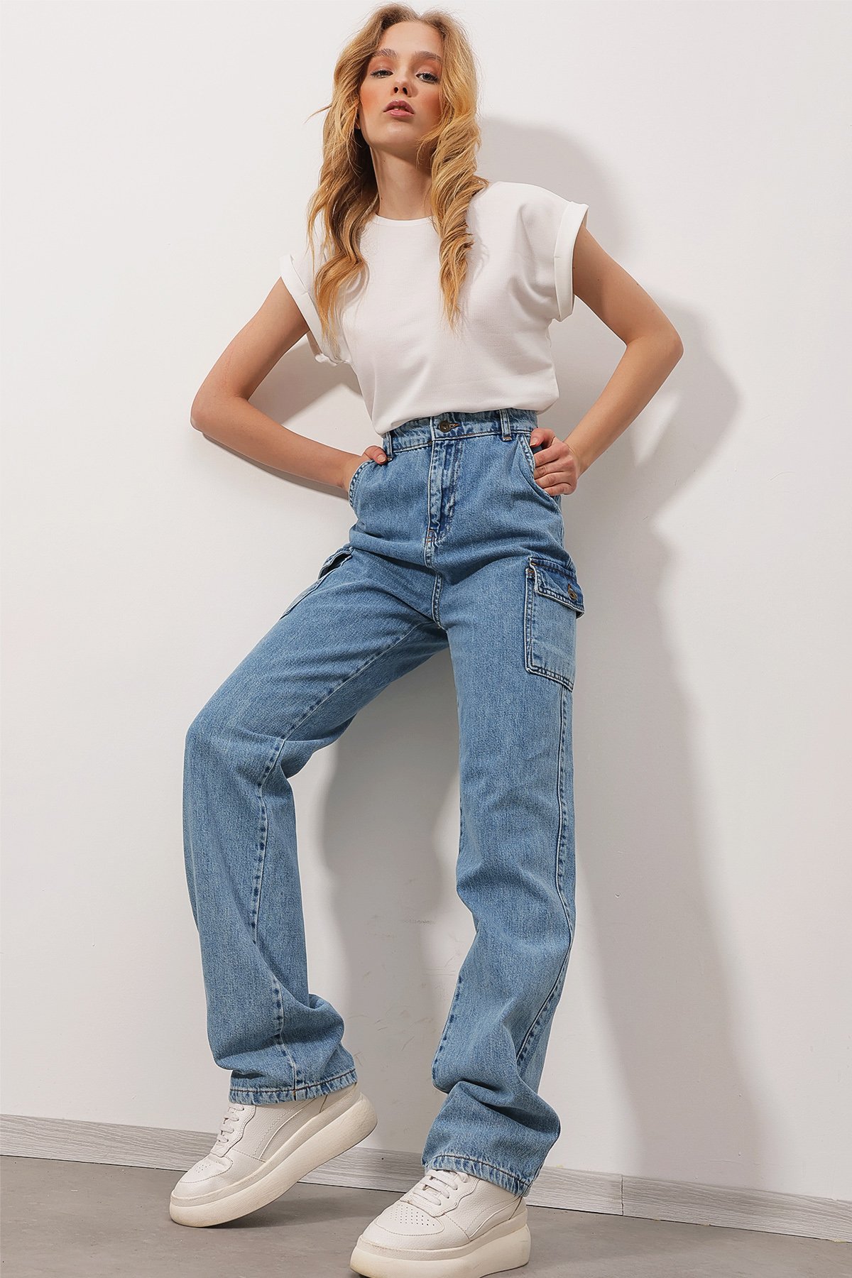 Yüksek Bel Kargo Cepli Wide Leg Jean Pantolon - Açık Mavi