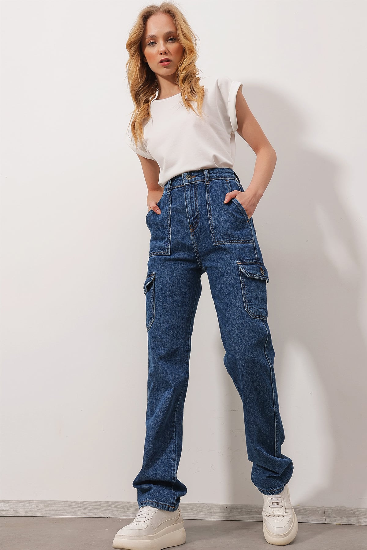 Yüksek Bel Kargo Cepli Wide Leg Jean Pantolon - Koyu Mavi