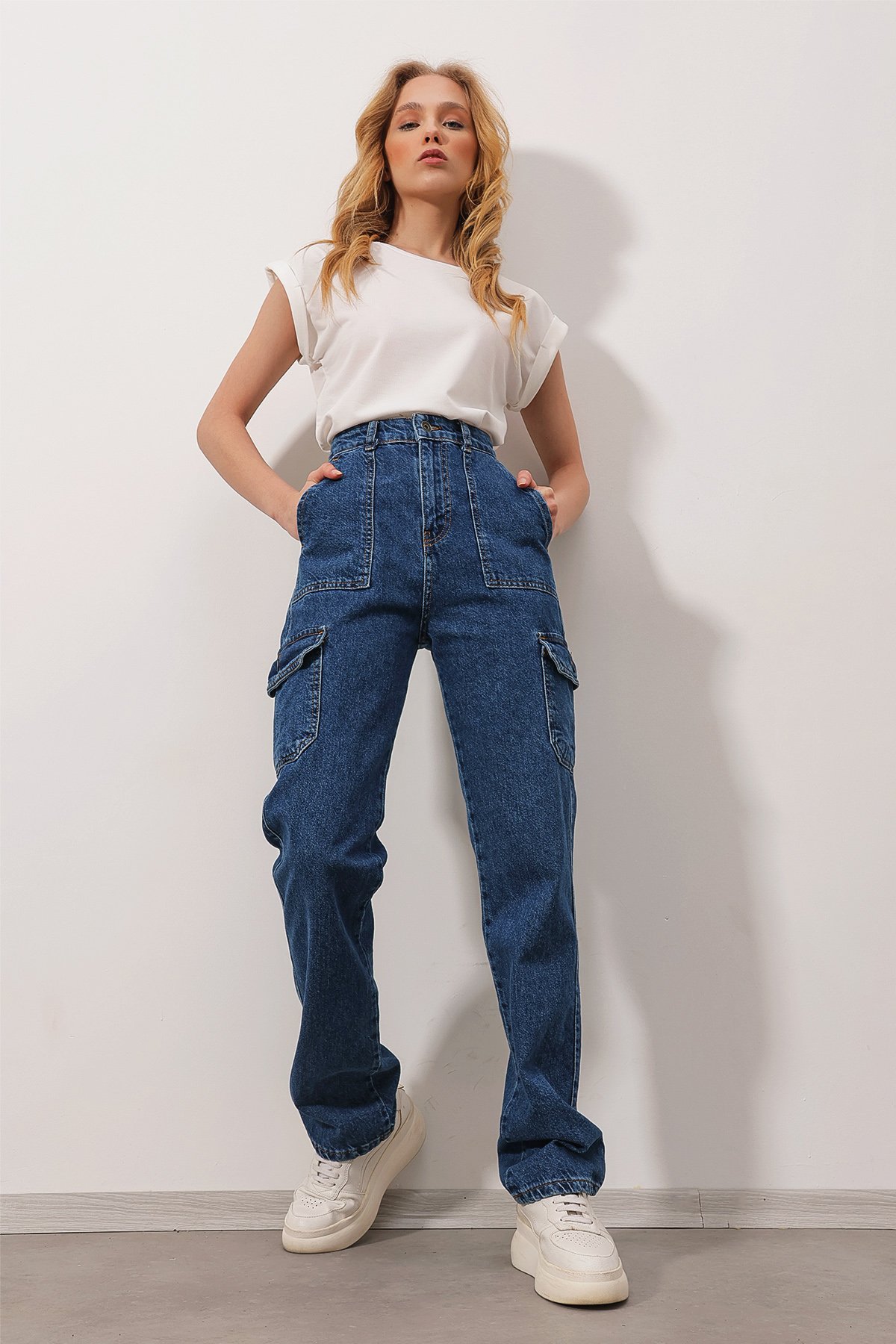 Yüksek Bel Kargo Cepli Wide Leg Jean Pantolon - Koyu Mavi