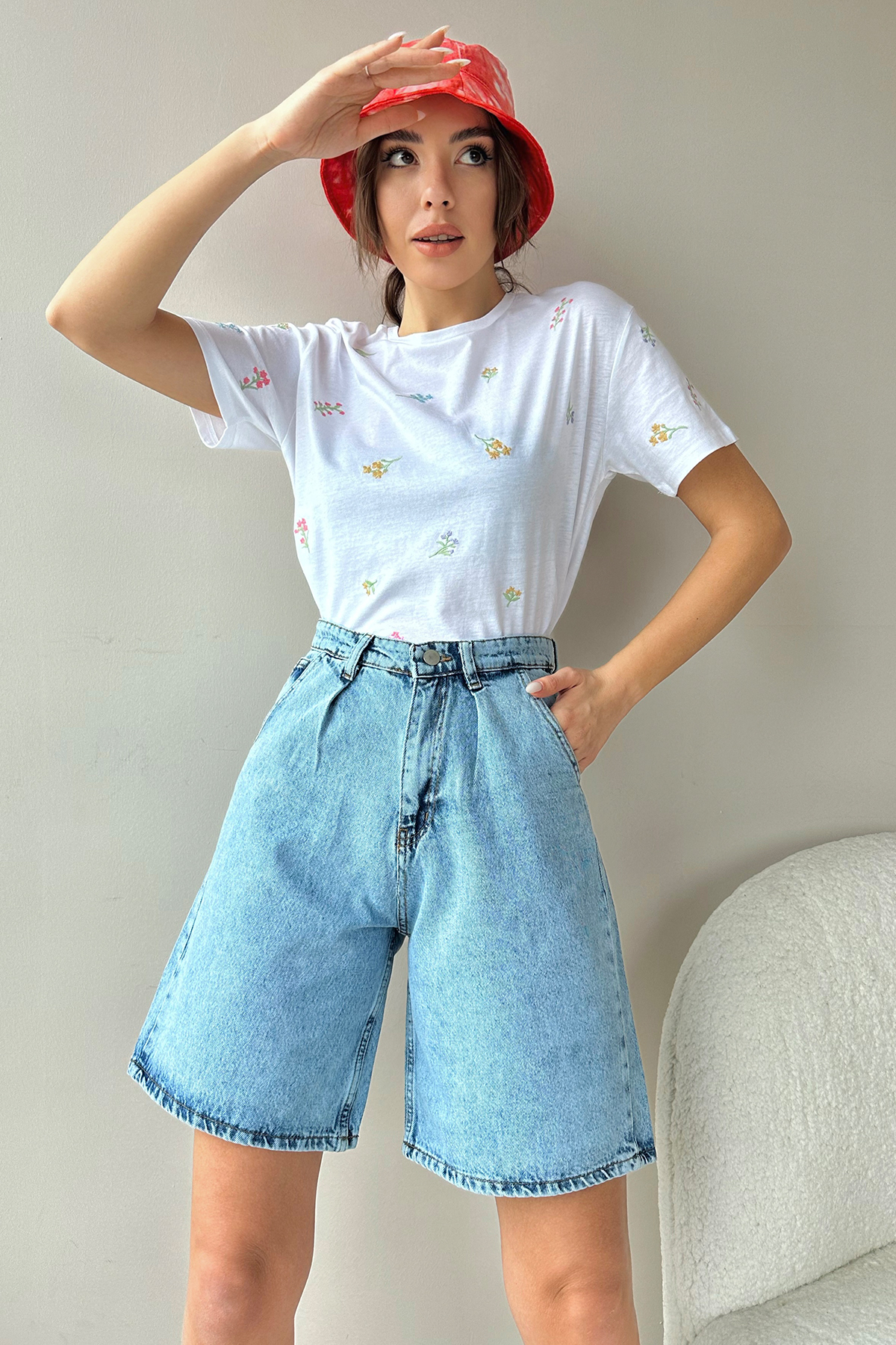 Yüksek Bel Kemerli Wide Leg Bermuda Denim Şort - Açık Mavi