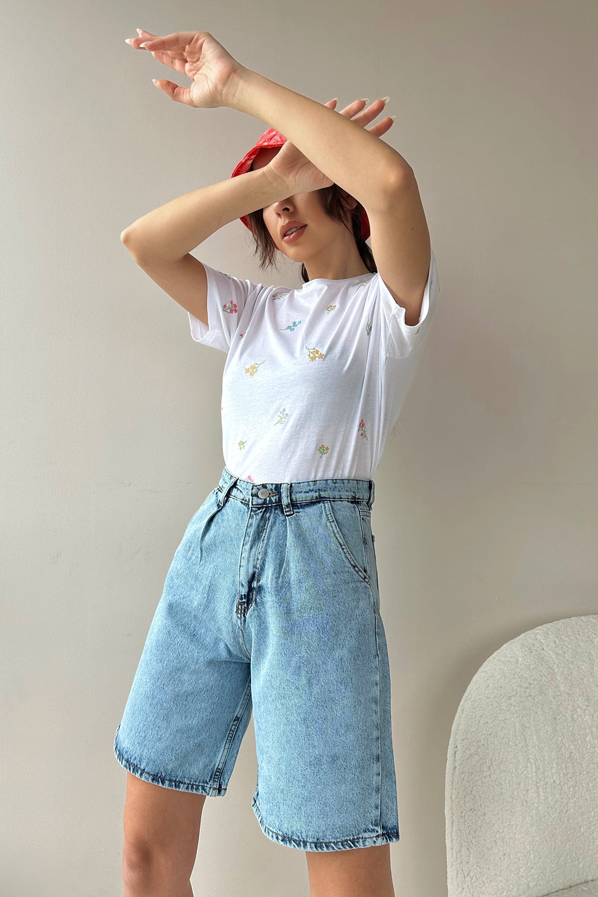Yüksek Bel Kemerli Wide Leg Bermuda Denim Şort - Açık Mavi