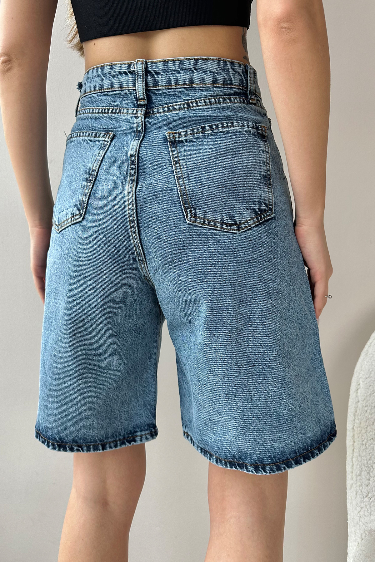 Yüksek Bel Kemerli Wide Leg Bermuda Denim Şort - Koyu Mavi