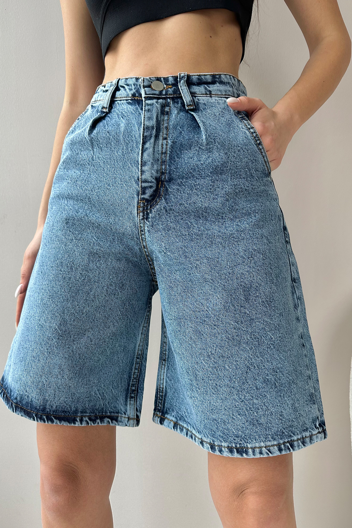 Yüksek Bel Kemerli Wide Leg Bermuda Denim Şort - Koyu Mavi