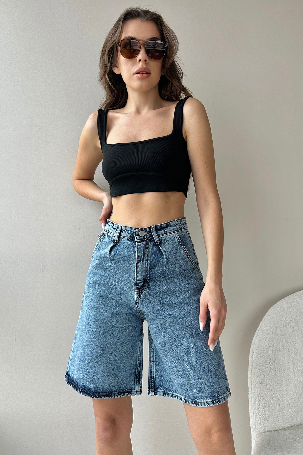 Yüksek Bel Kemerli Wide Leg Bermuda Denim Şort - Koyu Mavi