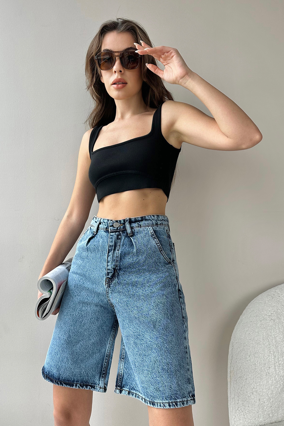 Yüksek Bel Kemerli Wide Leg Bermuda Denim Şort - Koyu Mavi
