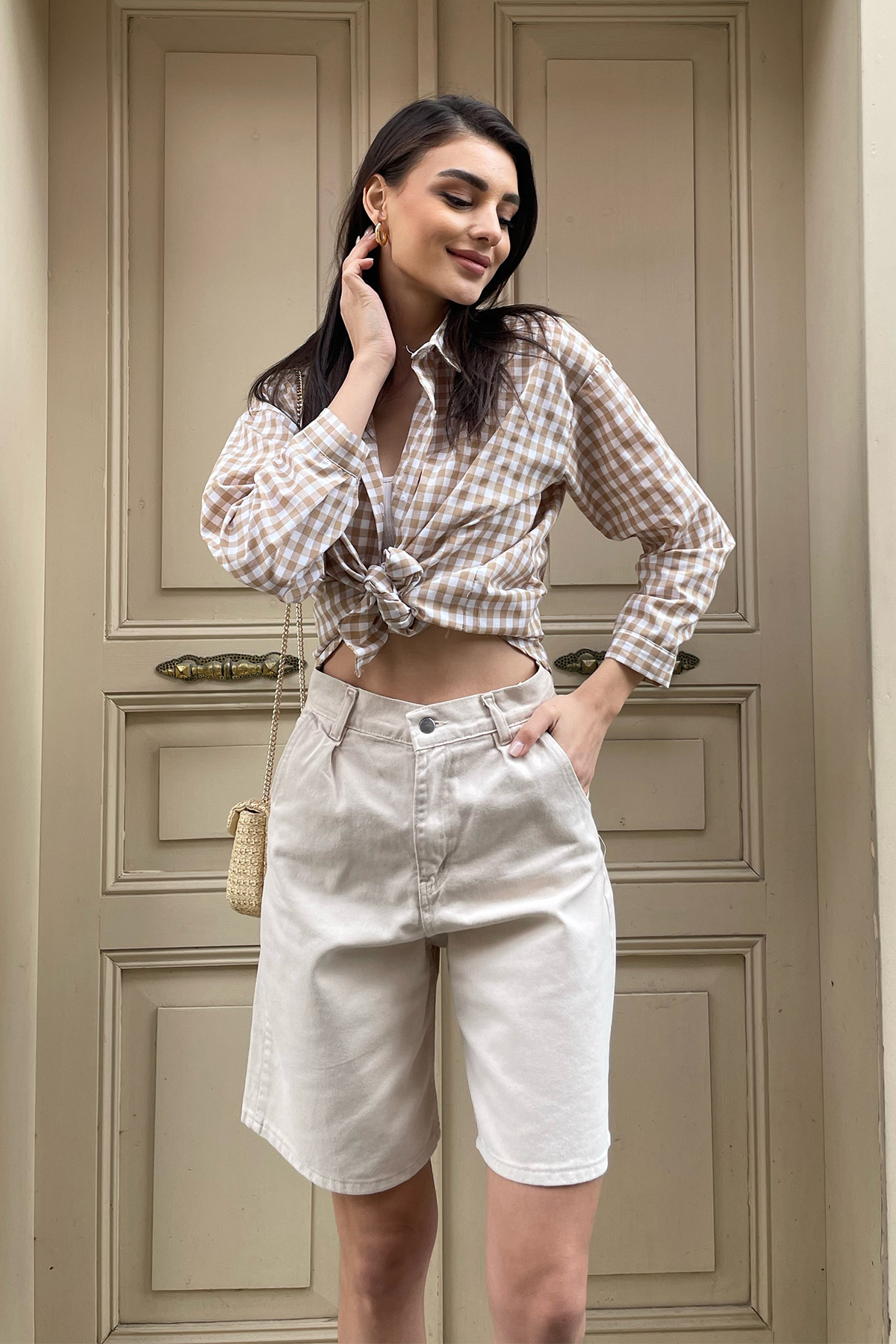 Yüksek Bel Kemerli Wide Leg Bermuda Denim Şort - Bej
