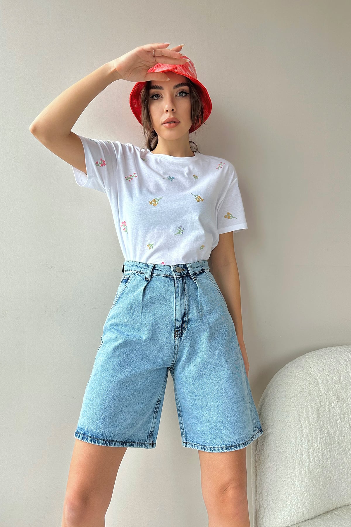 Yüksek Bel Kemerli Wide Leg Bermuda Denim Şort - Açık Mavi