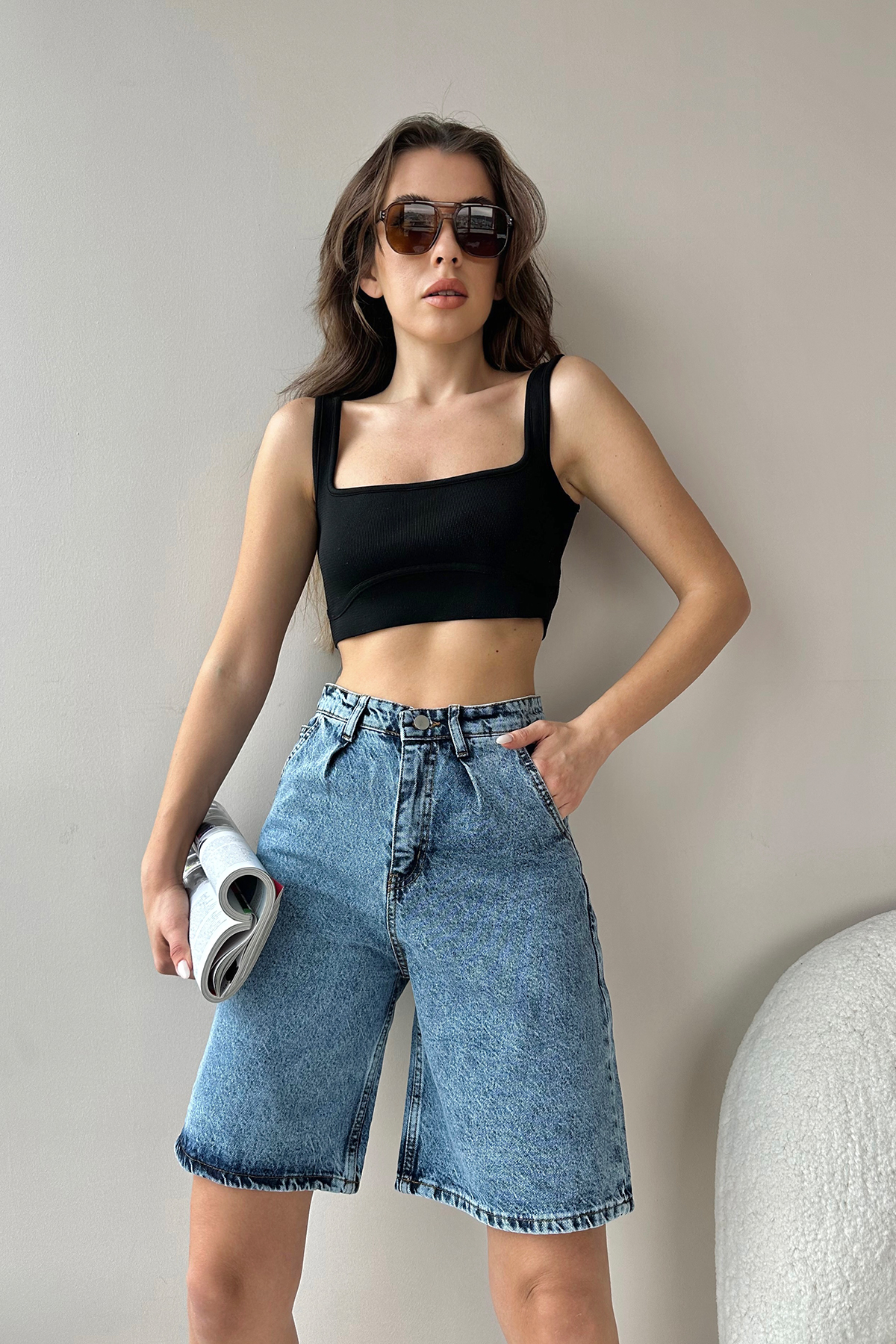 Yüksek Bel Kemerli Wide Leg Bermuda Denim Şort - Koyu Mavi
