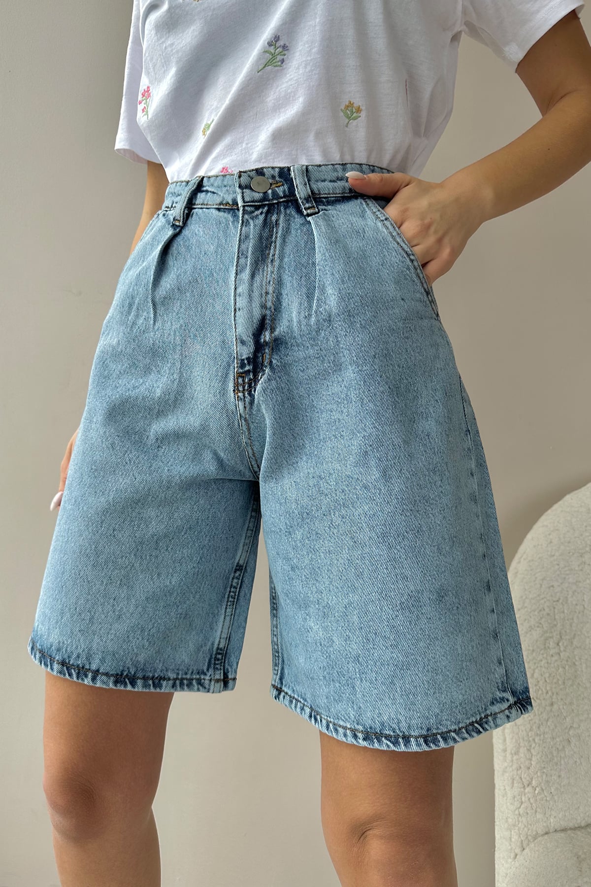Yüksek Bel Kemerli Wide Leg Bermuda Denim Şort - Açık Mavi