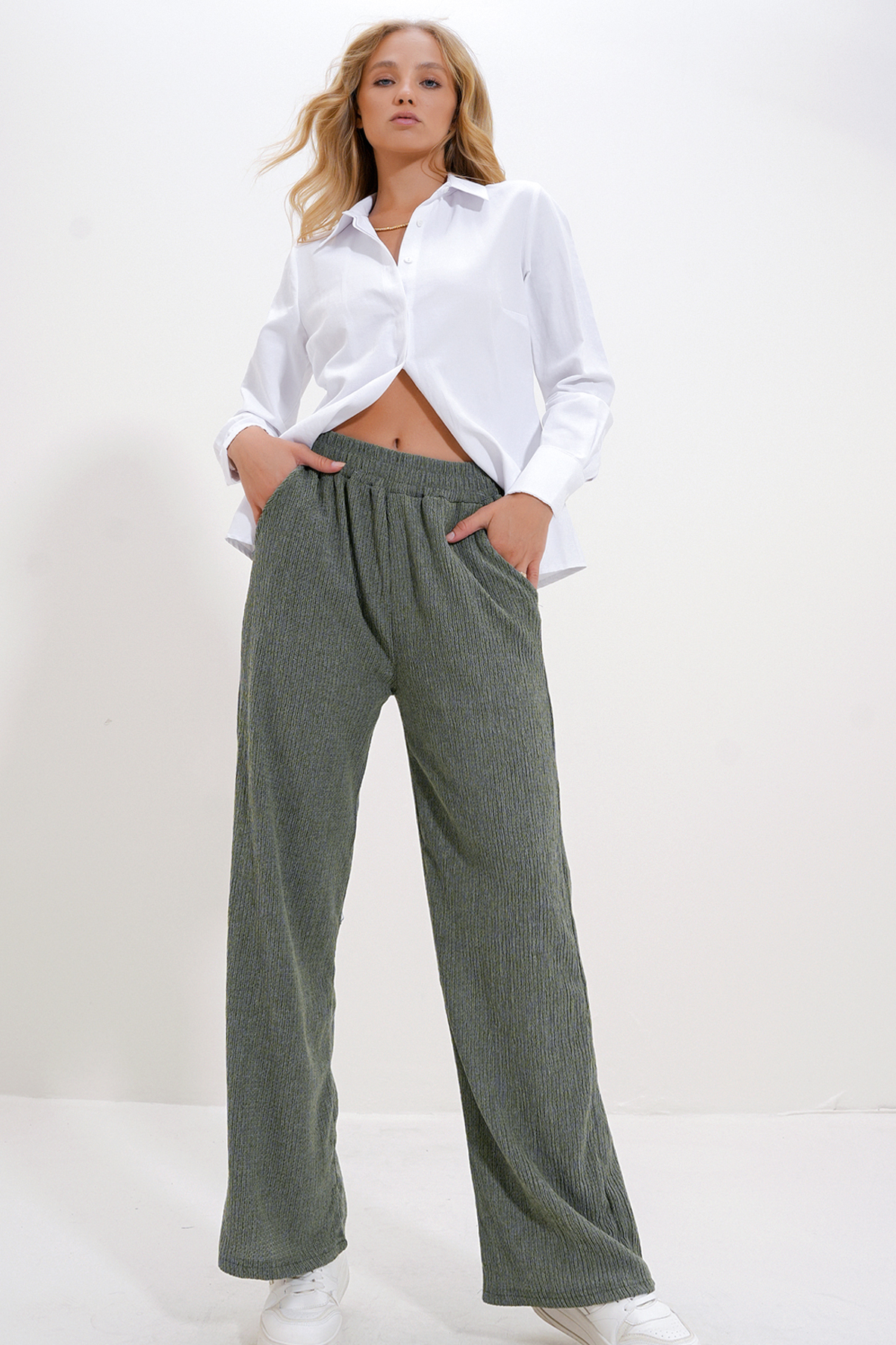 Yüksek Bel Lastikli Wide Leg Pantolon - Haki