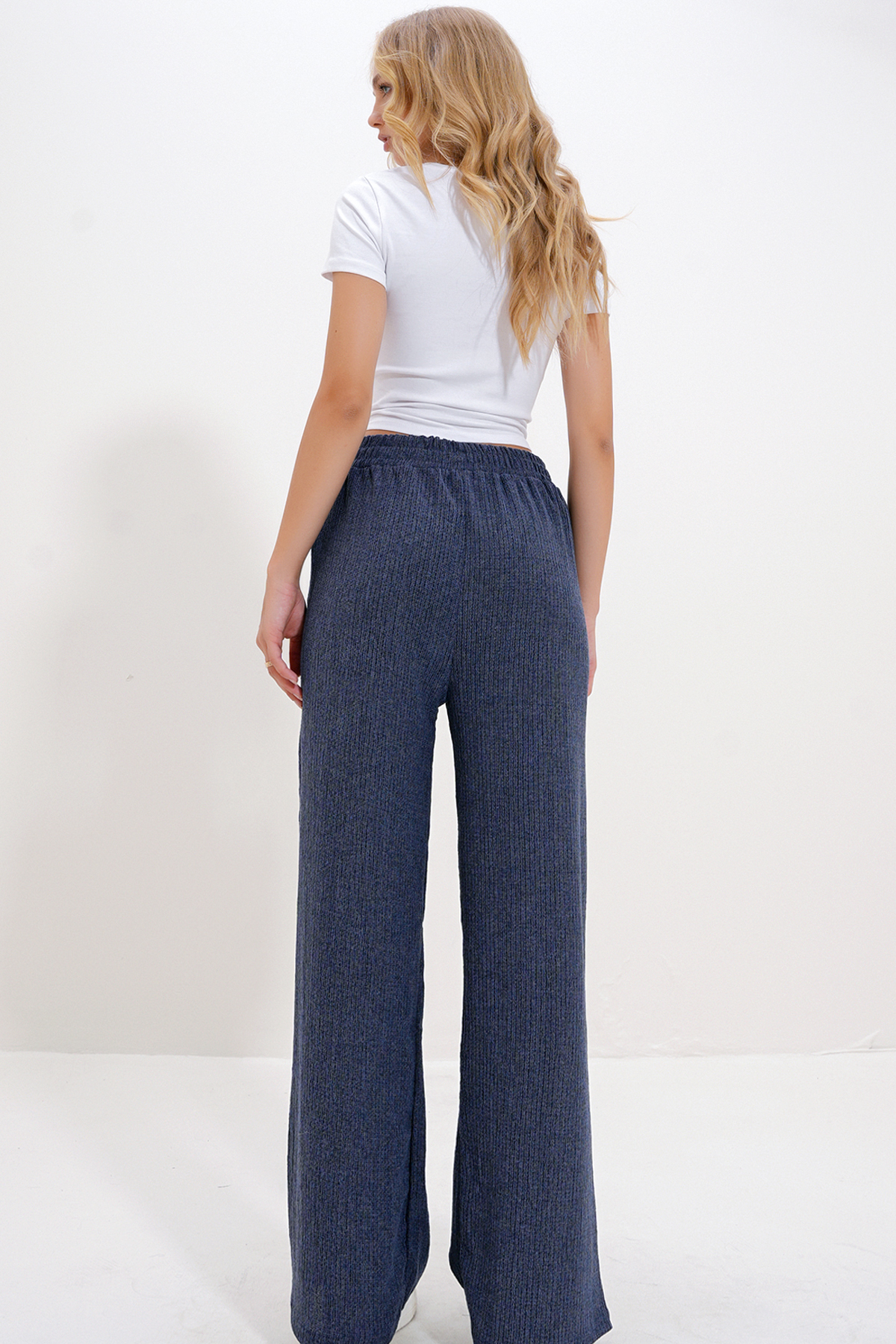 Yüksek Bel Lastikli Wide Leg Pantolon - İndigo
