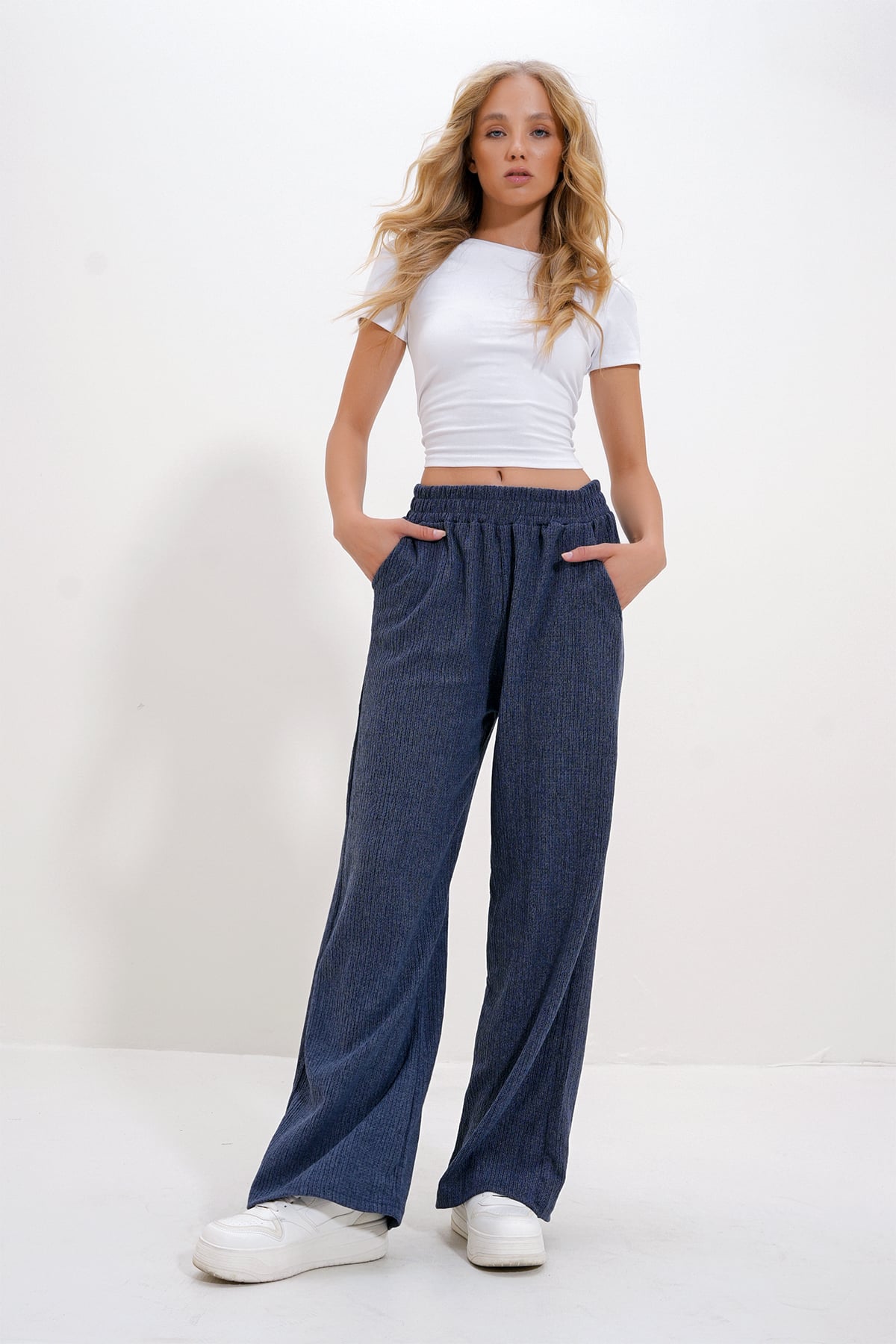 Yüksek Bel Lastikli Wide Leg Pantolon - İndigo