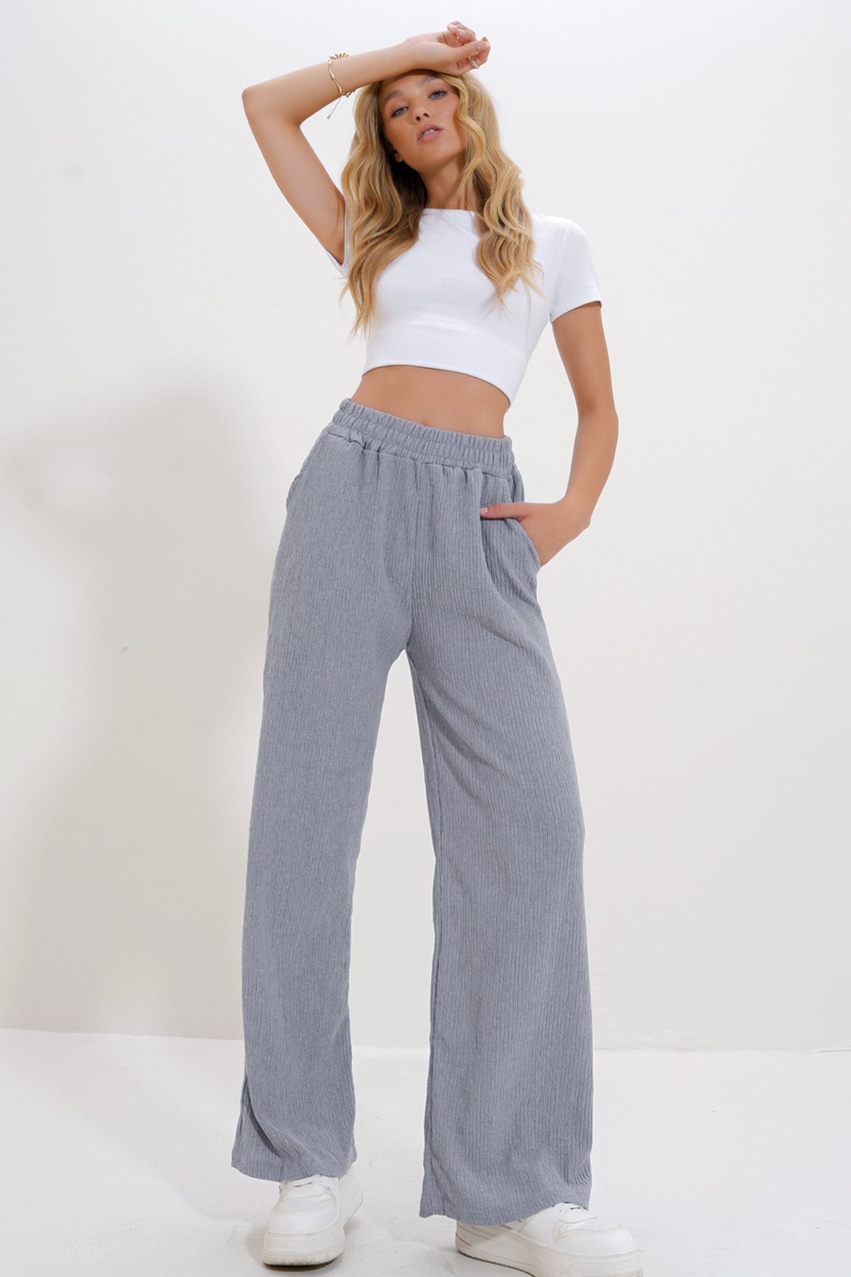 Yüksek Bel Lastikli Wide Leg Pantolon - GRİ