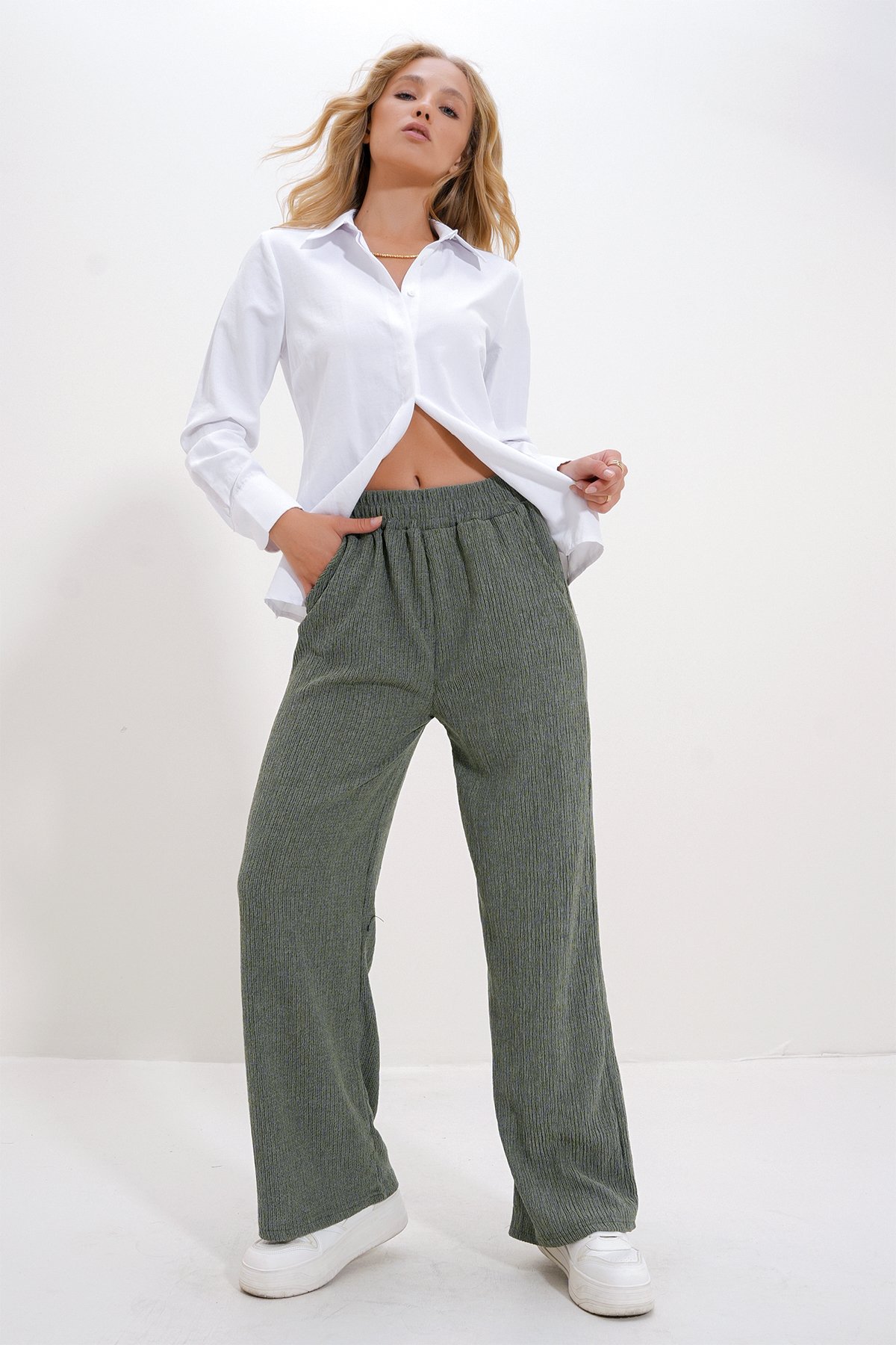 Yüksek Bel Lastikli Wide Leg Pantolon - Haki