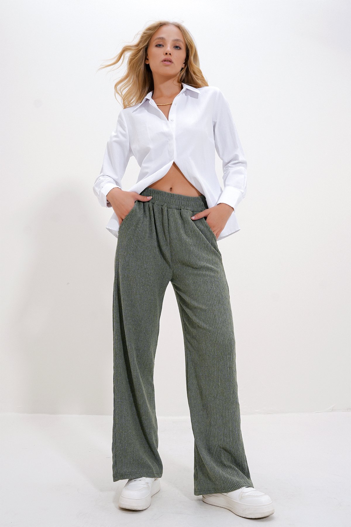 Yüksek Bel Lastikli Wide Leg Pantolon - Haki